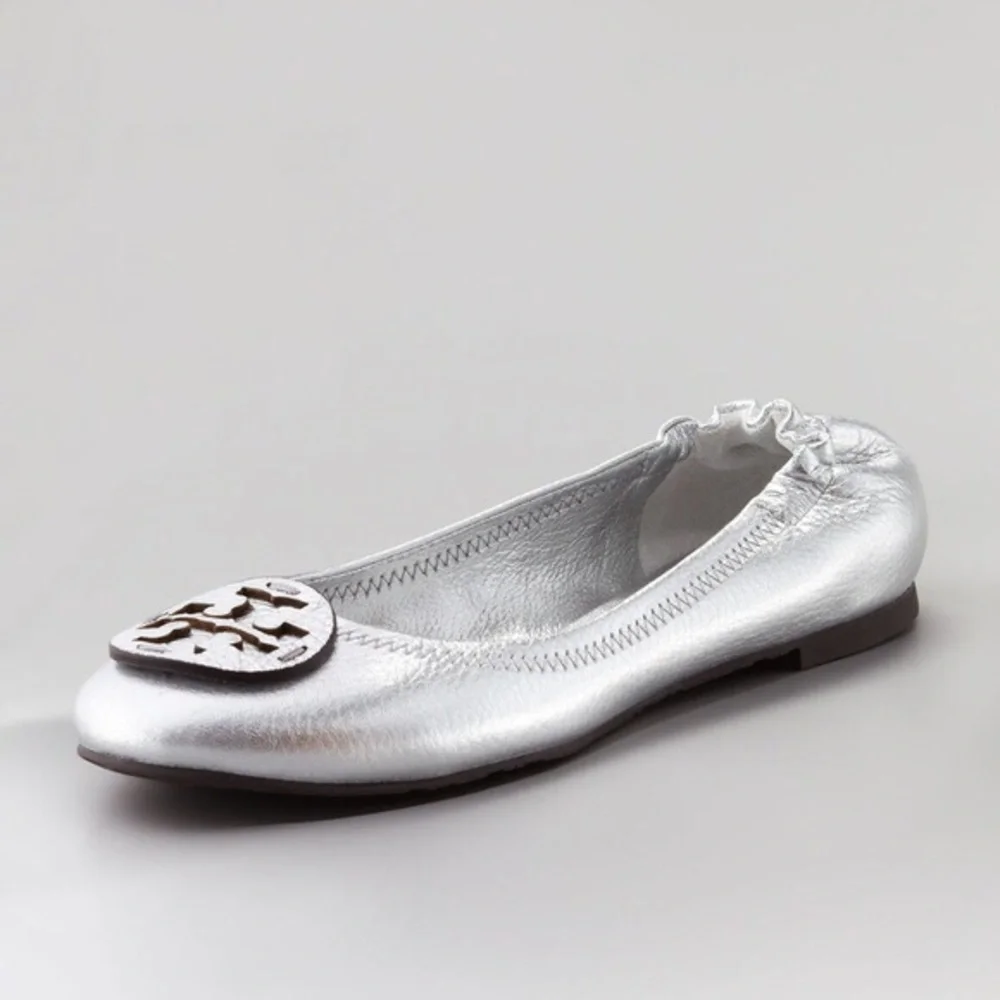 Tory Burch Reva Logo Silver Leather Ballet Flat
